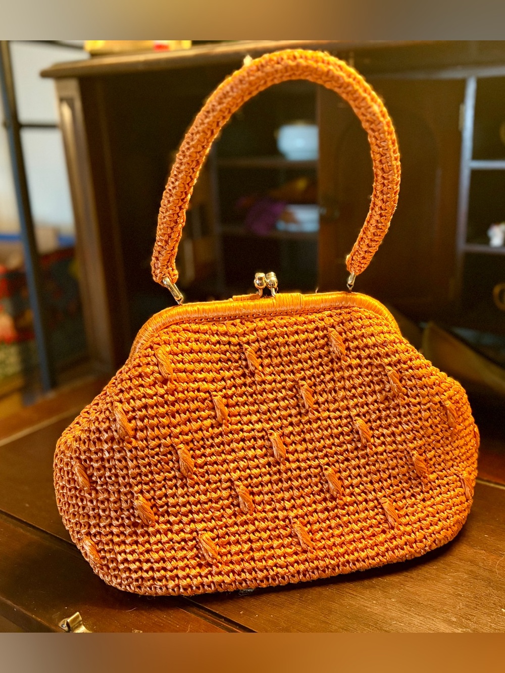 Vintage 1960s Mid Century Orange Raffia Top Handle Bag Kiss Lock